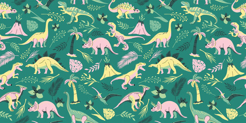 Seamless pattern with bright dinosaurs and green plants including T-rex, Brontosaurus, Triceratops, Velociraptor, Pteranodon, Allosaurus, etc. Isolated on dark background © olga_milagros