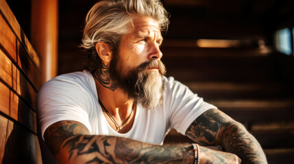 A rugged, bearded man exudes strength, his tattooed arm a testament to his journey. Casual in a white tee, he sits on a worn wooden box in a loft, exuding a raw and confident aura. Generative AI