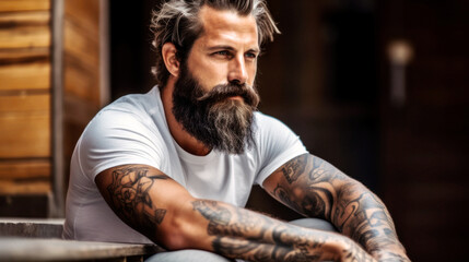 Fototapeta na wymiar A rugged, bearded man exudes strength, his tattooed arm a testament to his journey. Casual in a white tee, he sits on a worn wooden box in a loft, exuding a raw and confident aura. Generative AI