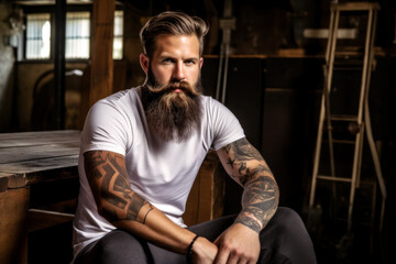 Fototapeta na wymiar A rugged, bearded man exudes strength, his tattooed arm a testament to his journey. Casual in a white tee, he sits on a worn wooden box in a loft, exuding a raw and confident aura. Generative AI