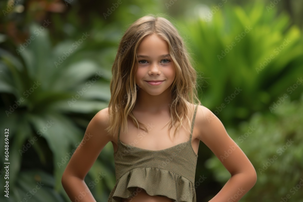 Wall mural Lifestyle portrait photography of a grinning kid female wearing a cute crop top against a botanical garden background. With generative AI technology