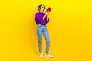 Fototapeta na wymiar Full length photo of young entrepreneur woman hold megaphone protest feminism discrimination empty space isolated on yellow color background