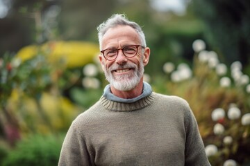 Conceptual portrait photography of a grinning mature man wearing a cozy sweater against a botanical garden background. With generative AI technology