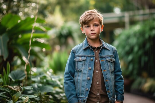 Medium shot portrait photography of a glad kid male wearing a denim jacket against a botanical garden background. With generative AI technology