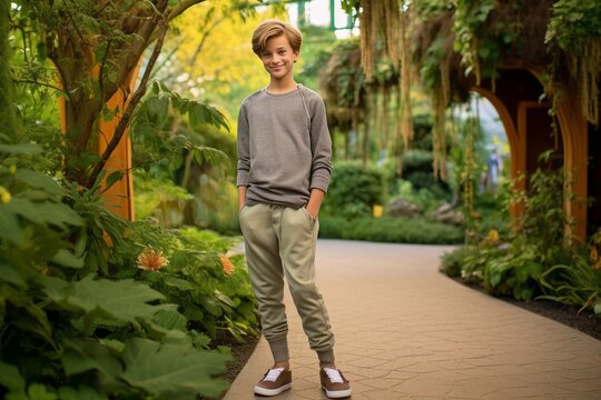 Full-length portrait photography of a grinning kid male wearing soft sweatpants against a botanical garden background. With generative AI technology