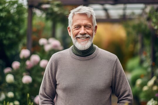 Conceptual portrait photography of a grinning mature man wearing a cozy sweater against a botanical garden background. With generative AI technology