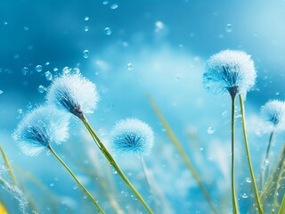 Diffusion Dandelion Seeds in droplets of water on blu