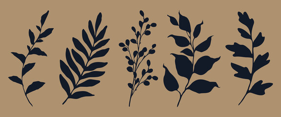 Beautiful leaves silhouettes. Plant stencil wall art.