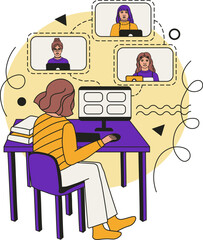 Group video conference. Work on distance. Online communication.
