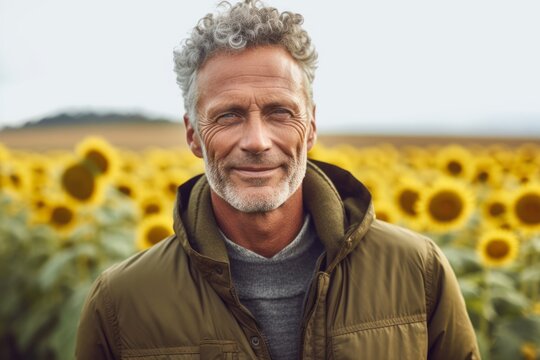 Medium shot portrait photography of a satisfied mature man wearing a warm parka against a sunflower field background. With generative AI technology