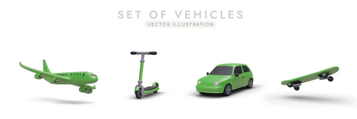 Land and air vehicles. Set of vector 3D images of green color. Realistic airplane, scooter, car, skateboard with shadows. Isolated objects in motion, side view