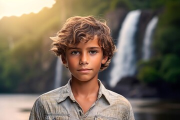 Close-up portrait photography of a satisfied kid male wearing a casual short-sleeve shirt against a majestic waterfall background. With generative AI technology