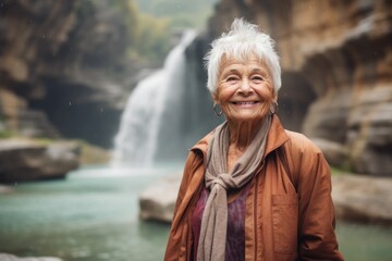 Medium shot portrait photography of a happy old woman wearing a chic cardigan against a majestic waterfall background. With generative AI technology