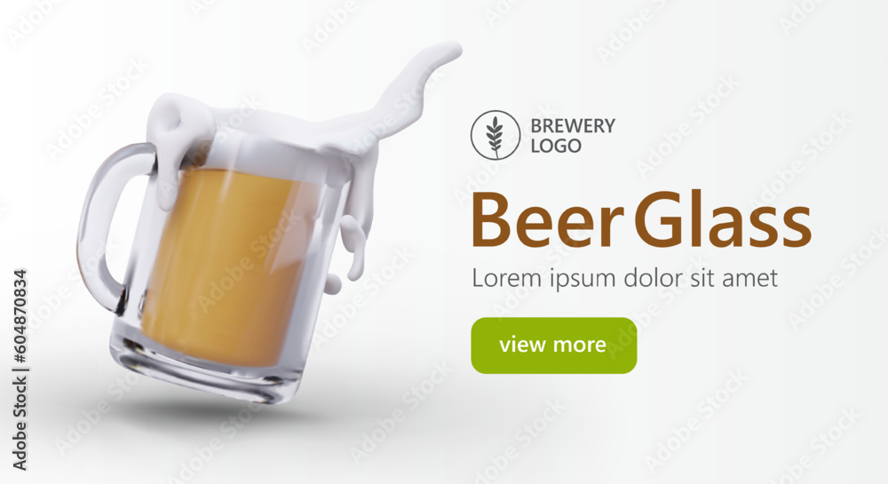 Poster frothy light beer spills out of glass mug. horizontal template for advertising banner. 3d elements i