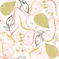 Pear Fruits and leaves outline Seamless Pattern. Summer hand drawn juicy vector illustration on beige background for greeting card, fabric, wallpaper or wrapping paper
