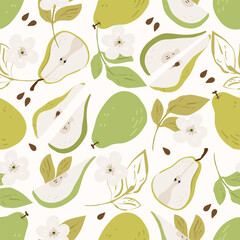 Green pears seamless vector pattern. Pears, flowers and leaves on beige background. Summer fruit hand drawn style illustration for greeting card, fabric, wallpaper or wrapping paper
