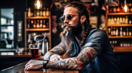 Obraz na płótnie Canvas In a cozy corner of an indie brewery, a hipster male with trendy tattoos a stylishly groomed beard, and artfully tousled hair savors the rich flavor of his craft beer at the bar counter. Generative AI
