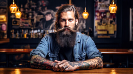 In a cozy corner of an indie brewery, a hipster male with trendy tattoos a stylishly groomed beard, and artfully tousled hair savors the rich flavor of his craft beer at the bar counter. Generative AI - obrazy, fototapety, plakaty