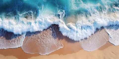 Ocean Waves on the Beach as a Background, Aerial Top down view of beach and sea with blue water waves, generative AI