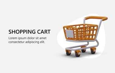Banner with 3D empty shopping cart. Color vector advertising for shops and services. Horizontal poster with text and illustration. Invitation to shopping
