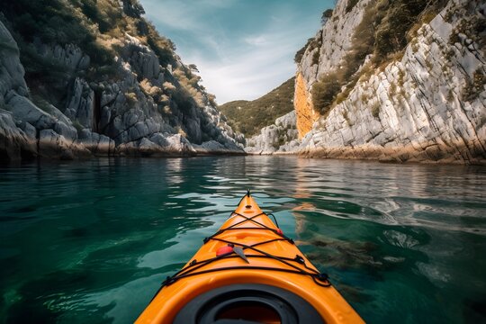 Orange Kayak on Fall Lake, Huge River, Reflection Water, Watching Nature from a Kayak, generative AI