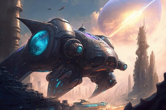 alien blaster with view of futuristic cityscape, complete with towering buildings and flying vehicles, created with generative ai