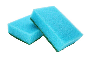 Kitchen sponges for washing dishes isolated on white background. Blue kitchen sponge without background. - obrazy, fototapety, plakaty