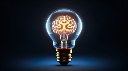 Lamp bulb with human brain inside on dark background. Idea generation, brainstorm concept. Generative Ai technology.