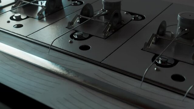 A pan across an old soviet polygraph lie detector machine on a dark moody studio background 