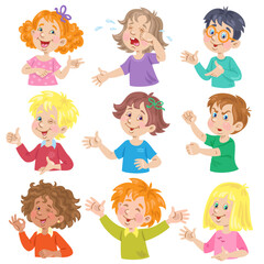 Group of funny children of different nationalities with different emotions and gestures. Various facial expression. In cartoon style. Isolated on white background. Vector flat illustration.