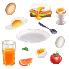 Breakfast food collection, meals for morning as fried eggs, juice, orange, tomato, parsley, poached, plate. Hand drawn watercolor illustration isolated on white background. For menu, recipes