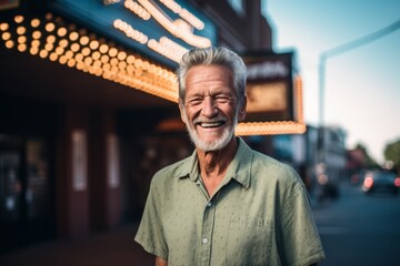 Fototapeta premium Medium shot portrait photography of a grinning mature man wearing breezy shorts against a classic theater background. With generative AI technology