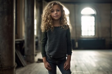 Medium shot portrait photography of a satisfied kid female wearing comfortable jeans against a spacious loft background. With generative AI technology