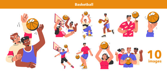 Basketball game set. Team players during the game. Athlete throws the ball