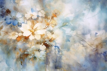 Watercolor wallpaper with flowers, in the style of light brown and azure, ethereal and dreamlike atmosphere. Generative AI