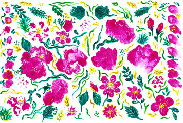 Fototapeta na wymiar Bright pink flowers and leaves on a white background. The texture of the petals is clearly visible. Gouache drawing of abstract flowers and vegetation.