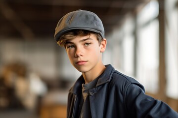 Environmental portrait photography of a glad mature boy wearing a cool cap against a spacious loft background. With generative AI technology