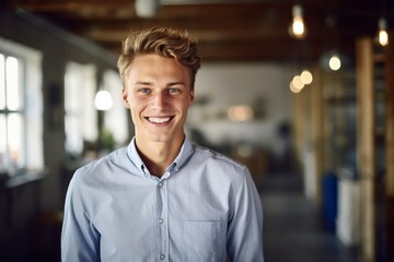 Medium shot portrait photography of a grinning mature boy wearing a classy button-up shirt against a spacious loft background. With generative AI technology