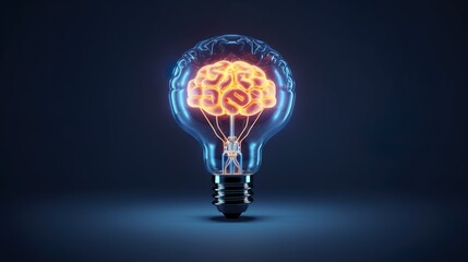 Lamp bulb with human brain inside on dark background. Idea generation, brainstorm concept. Generative Ai technology.