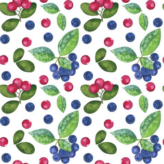 Seamless endless pattern. Cranberry red ripe berries, chokeberry aronia, green leaves. Hand-drawn watercolor illustration on white background