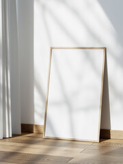 3d picture frame grasses on wooden floor against white wall and tree shadow. 3d illustration. 3d mockup.
