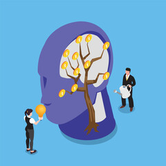 Businessman planting money trees and human heads. growth of financial thinking isometric 3d vector illustration concept for banner, website, illustration, landing page, flyer, etc.
