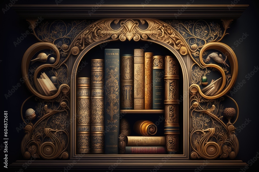 Wall mural bookshelf lined with antique books and scrolls, created with generative ai