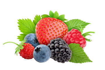 wild berries mix, strawberry, raspberry, blueberry, blackberry, isolated on white background, full...