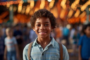 Medium shot portrait photography of a glad kid male wearing a casual short-sleeve shirt against a crowded amusement park background. With generative AI technology