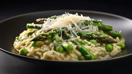 Asparagus Risotto Topped With Shaved Parmesan Cheese. Generative AI
