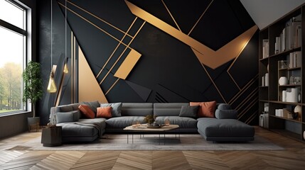 Living Room With Full Wall Flat Geometric Black. Generative AI