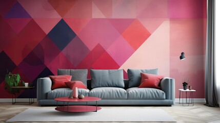 Living Room With Full Wall Flat Geometric Magenta. Generative AI