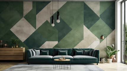 Living Room With Full Wall Flat Geometric Green. Generative AI
