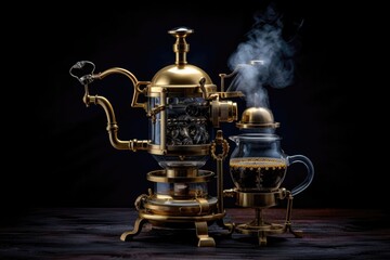 Fototapeta na wymiar Gold Steampunk Coffee Maker On Black Smoky Background. Generative AI